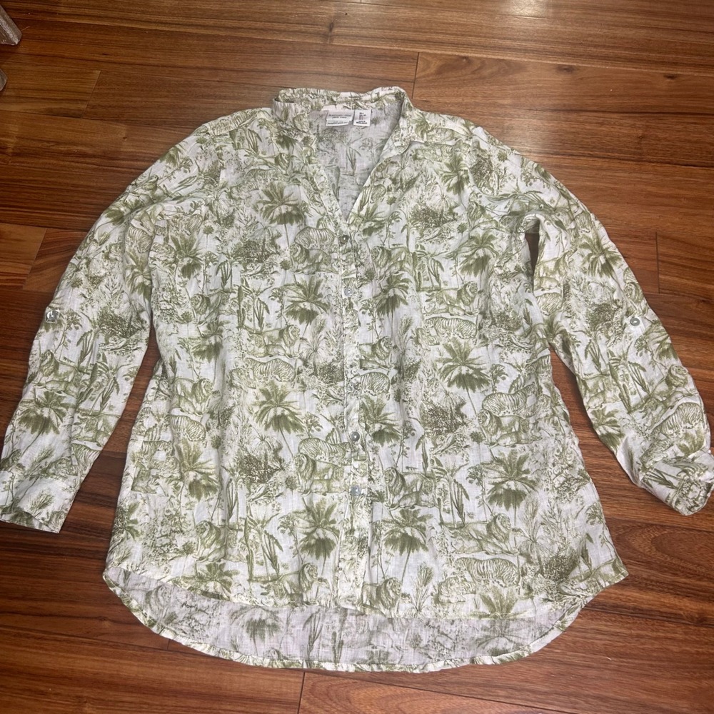 Rachel‎ Zoe Linen Button-Up Top Tiger Print Long Sleeve Shirt Large